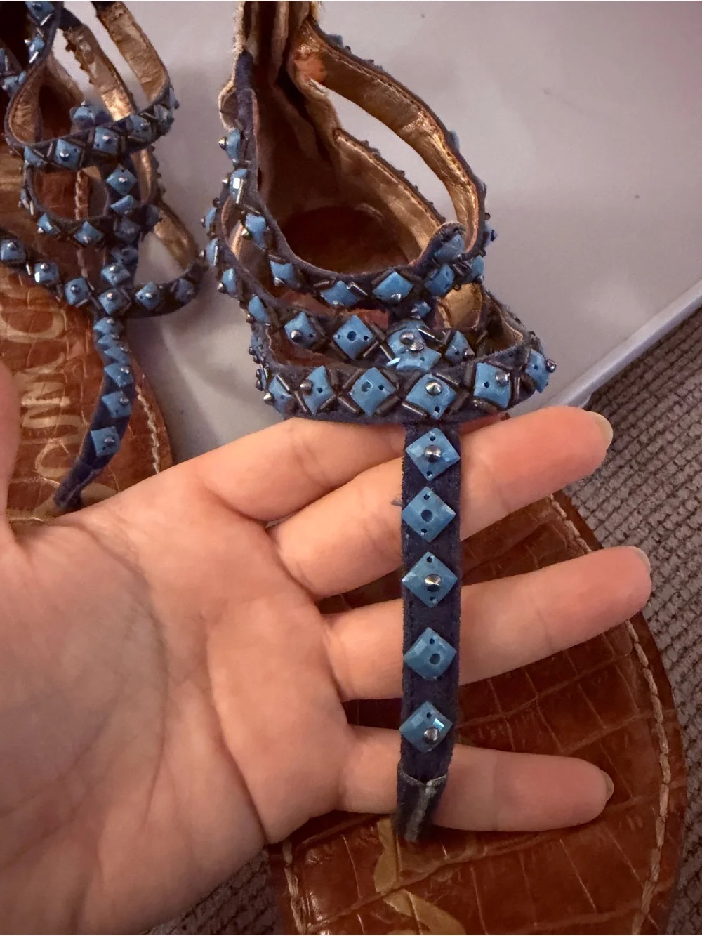 Blue Embellished Beaded Sandals - Women
